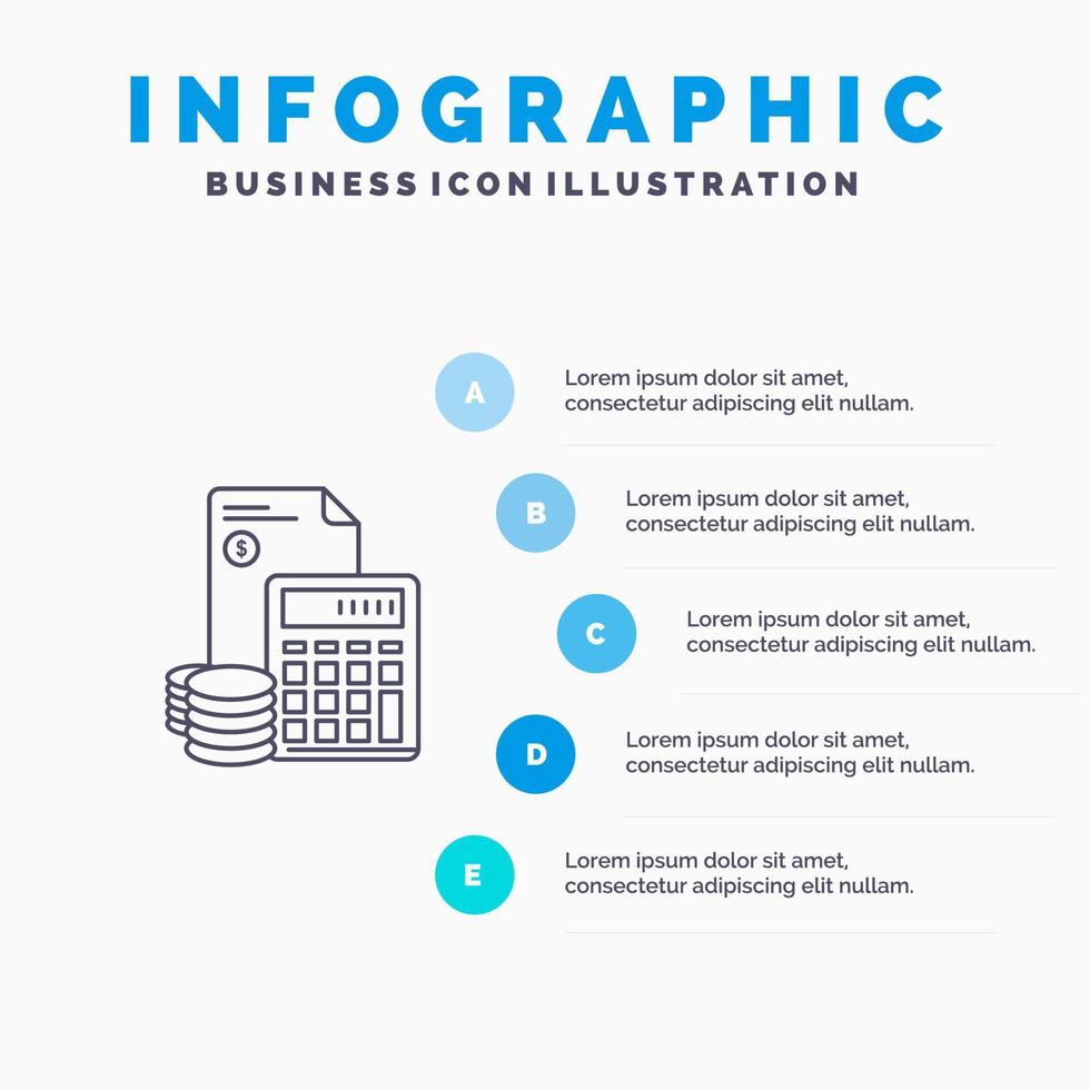 investering ackumulation företag skuld besparingar kalkylator mynt linje ikon med 5 steg presentation infographics bakgrund vektor