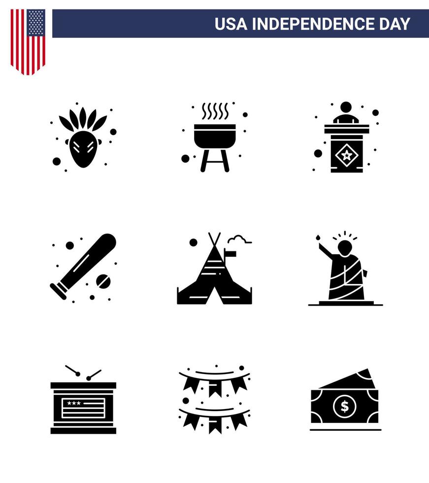 satz von 9 modernen soliden glyphen pack auf usa unabhängigkeitstag camp zelt freie bühne usa fledermaus editierbare usa tag vektor design elemente