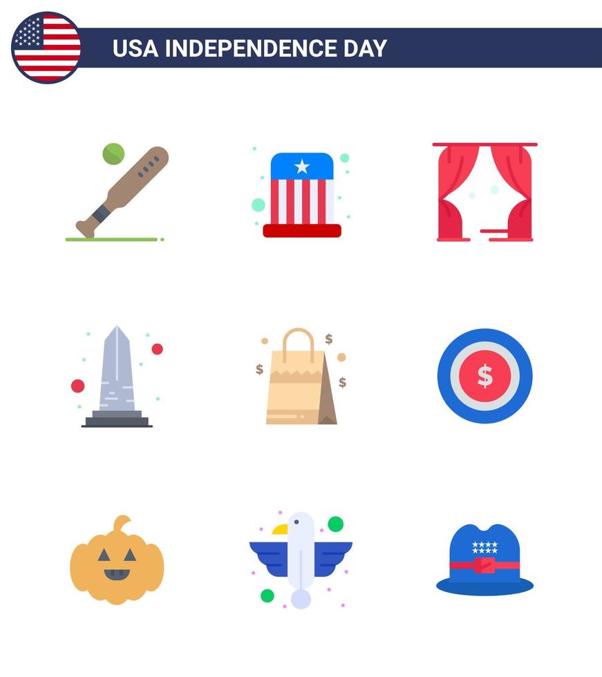 Lycklig oberoende dag 4:e juli uppsättning av 9 flats amerikan pictograph av Washington syn hatt monument USA redigerbar USA dag vektor design element
