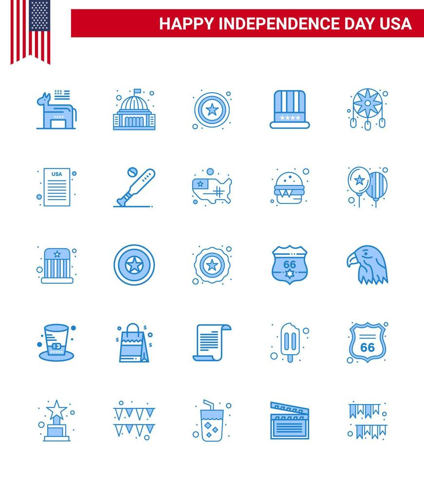 Stock Vektor Icon Pack mit amerikanischen Tag 25 blauen Zeichen und Symbolen für die Dekoration Usa weißer amerikanischer Hut editierbare Usa Day Vektordesign-Elemente