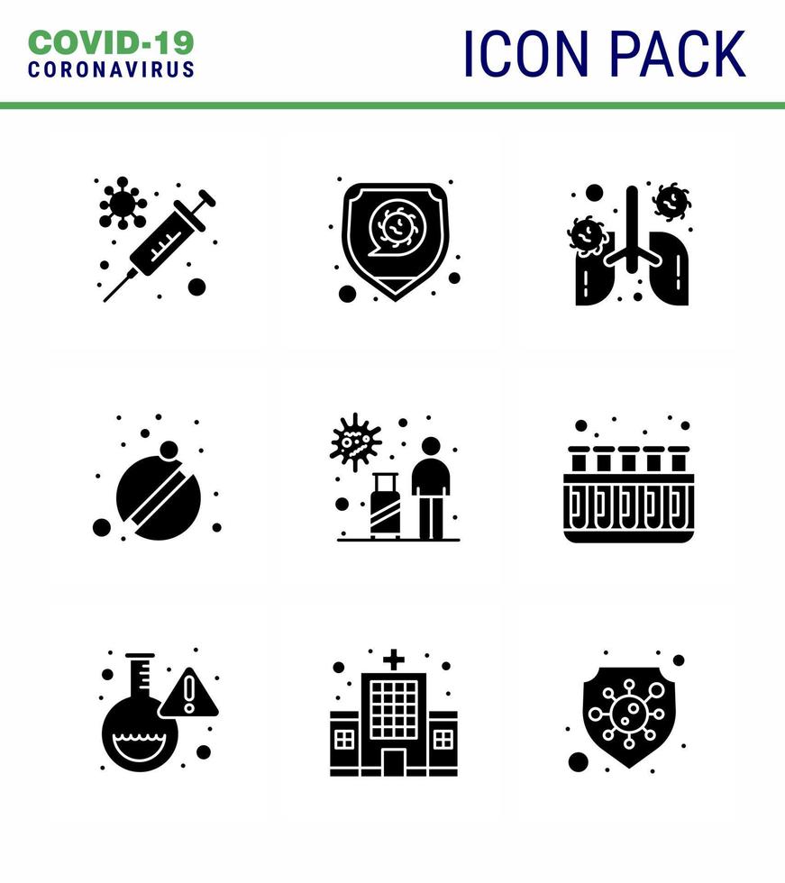 9 fast glyf svart coronavirus epidemi ikon packa suga som infektion tabletter anatomi piller lunginflammation viral coronavirus 2019 nov sjukdom vektor design element