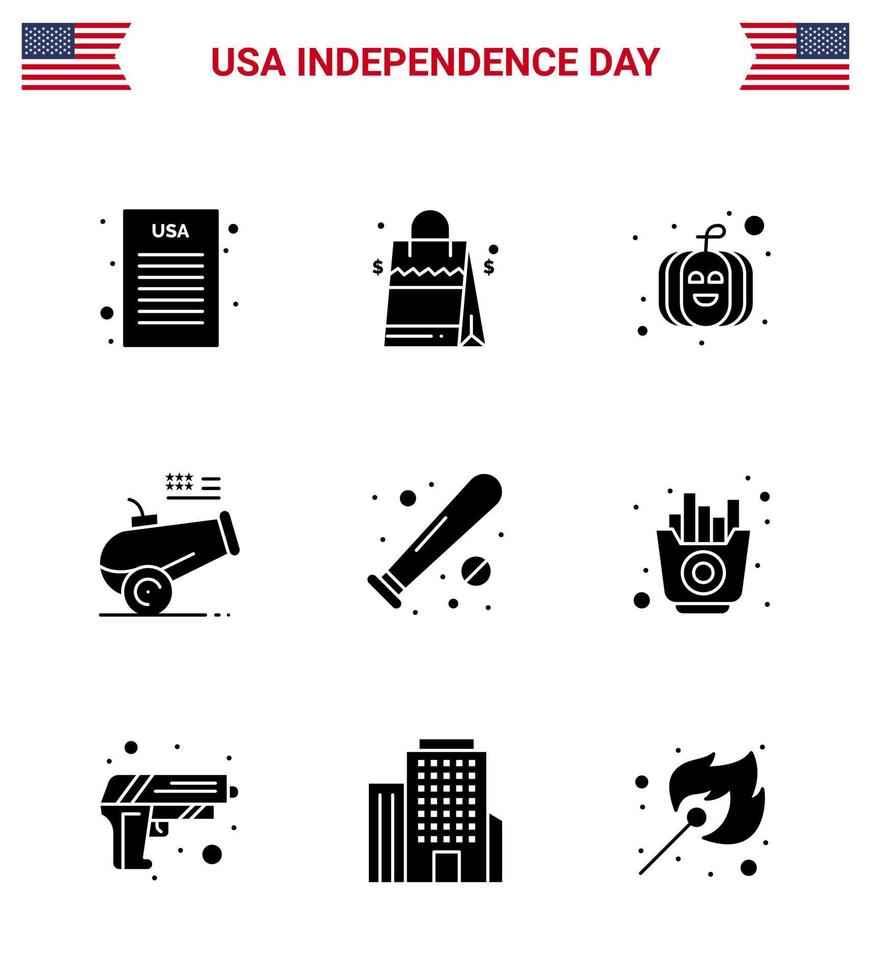 4:e juli USA Lycklig oberoende dag ikon symboler grupp av 9 modern fast glyfer av sporter baseboll pumpa boll haubits redigerbar USA dag vektor design element