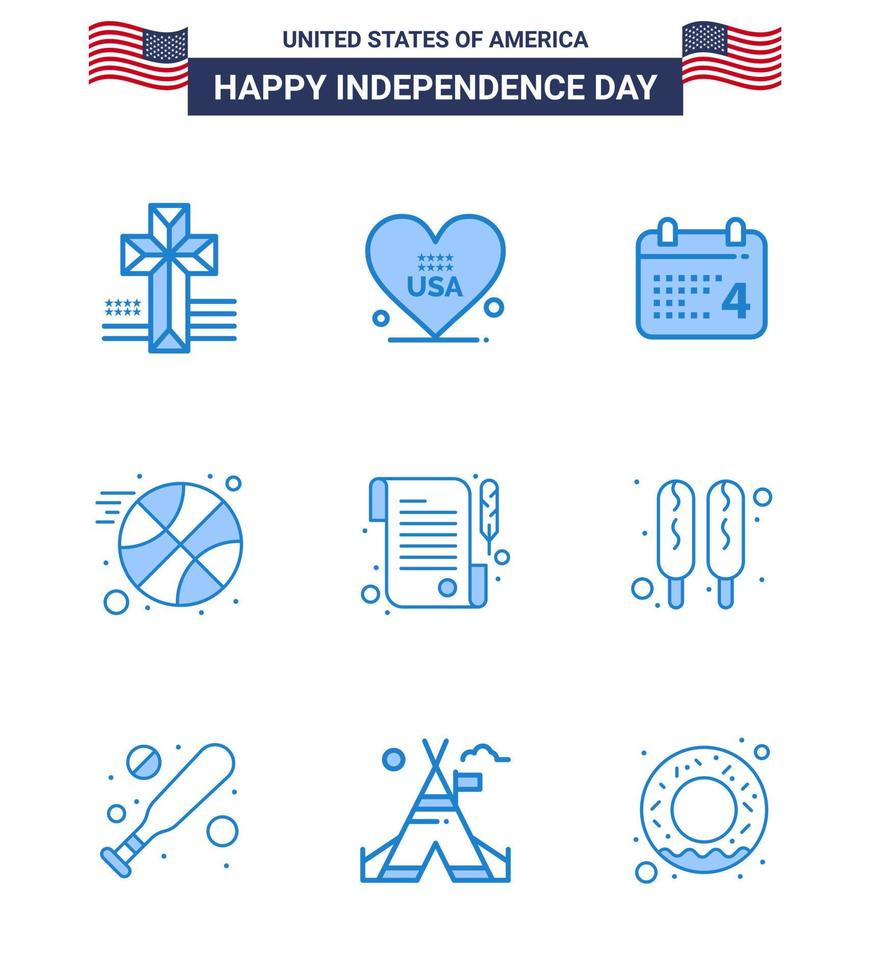 Lycklig oberoende dag 4:e juli uppsättning av 9 blues amerikan pictograph av majs hund mottagande dag papper boll redigerbar USA dag vektor design element