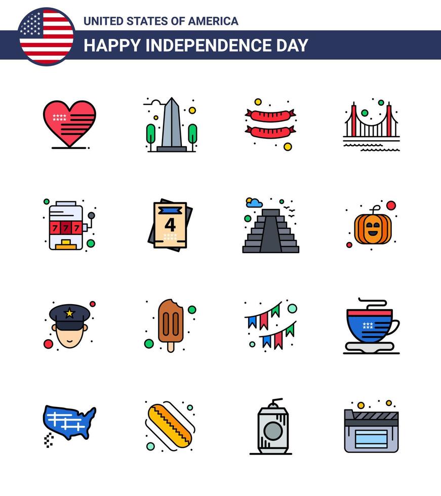 4:e juli USA Lycklig oberoende dag ikon symboler grupp av 16 modern platt fylld rader av kasino landmärke Washington gyllene bro redigerbar USA dag vektor design element