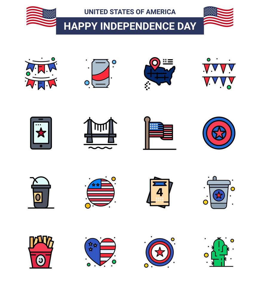 USA Lycklig oberoende dag piktogram uppsättning av 16 enkel platt fylld rader av cell mobil cola papper festival redigerbar USA dag vektor design element