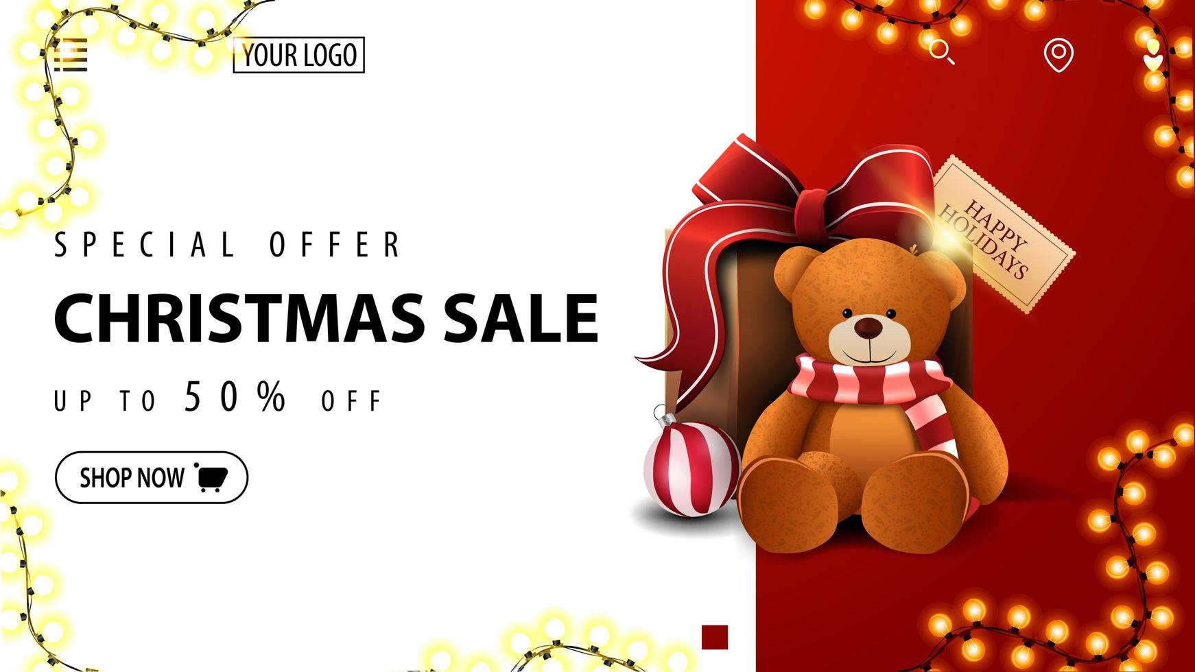 Sonderangebot, Weihnachtsverkauf, bis zu 50 Rabatt, weißes und rotes Rabattbanner für Website mit Geschenk mit Teddybär vektor