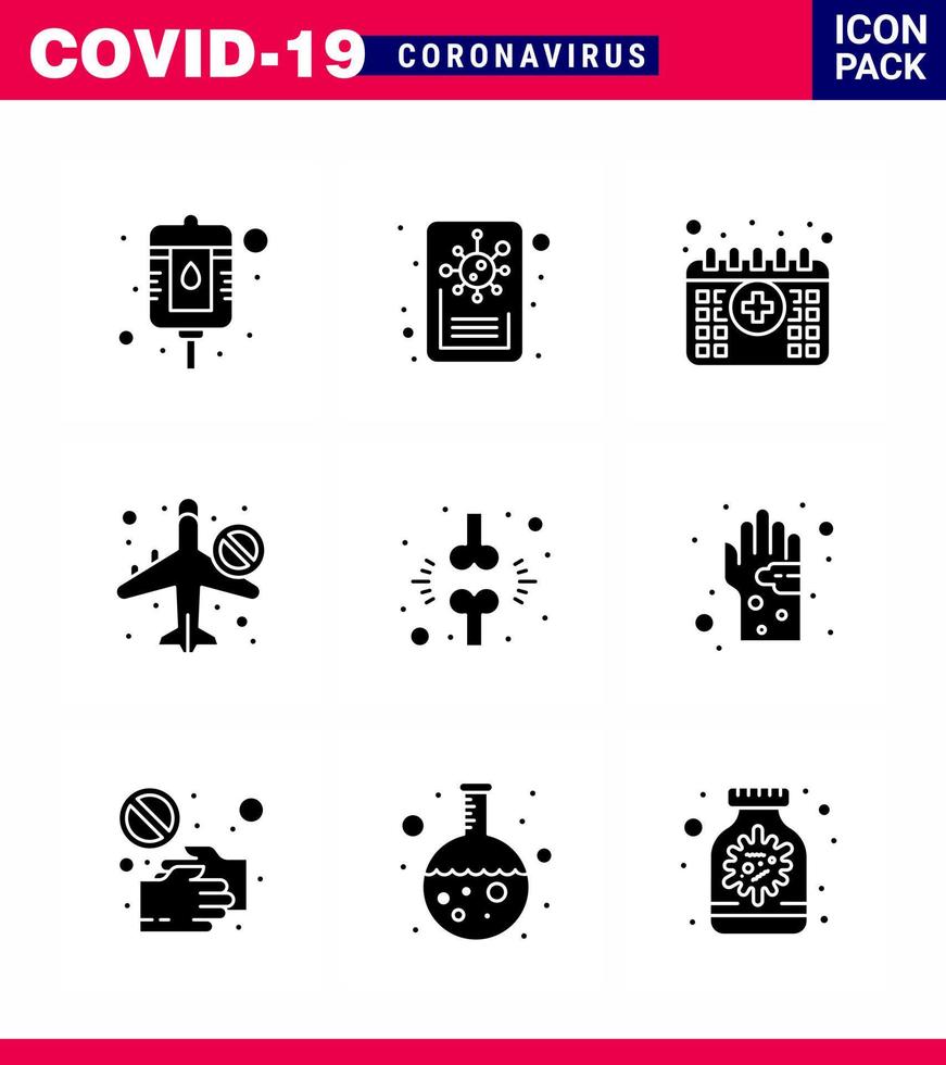 Corona-Virus-Prävention covid19-Tipps zur Vermeidung von Verletzungen 9 solides schwarzes Glyphen-Symbol für die Präsentation Fraction Bone Medical Airoplan verboten virale Coronavirus 2019nov-Krankheitsvektor-Designelemente vektor