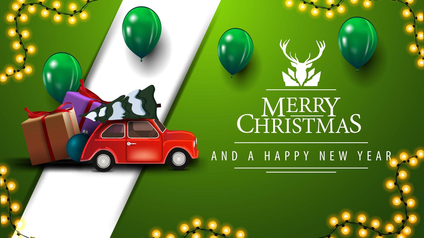god jul, grönt vykort med kransar, ballonger, hälsningslogotyp med rådjur och röd veteranbil som bär julgran vektor