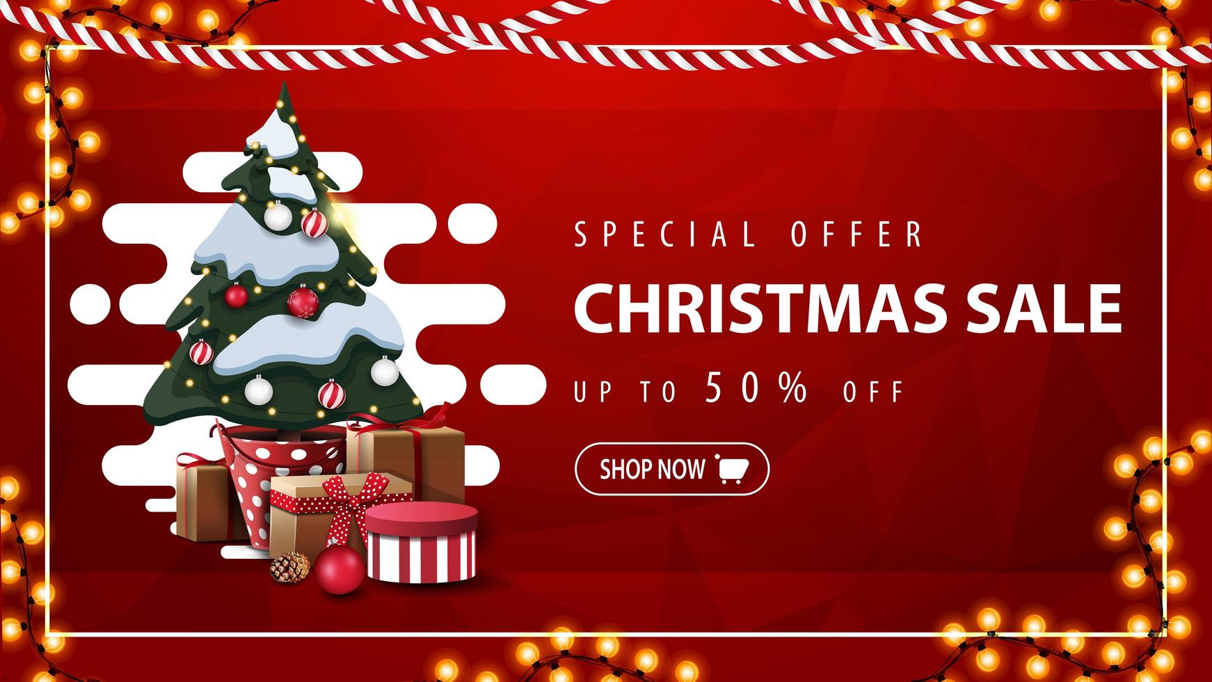 Sonderangebot, Weihnachtsverkauf, bis zu 50 Rabatt, rotes Rabattbanner mit abstrakter flüssiger Form, Girlande und Weihnachtsbaum in einem Topf mit Geschenken vektor