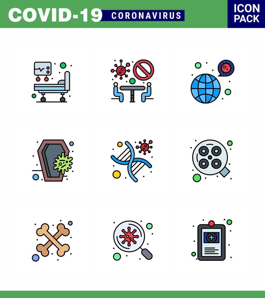 9 gefüllte Linien flacher Farbsatz von Corona-Virus-Epidemie-Symbolen wie DNA-Infektion Bakterien Tod Sarg virales Coronavirus 2019nov Krankheit Vektor-Design-Elemente vektor