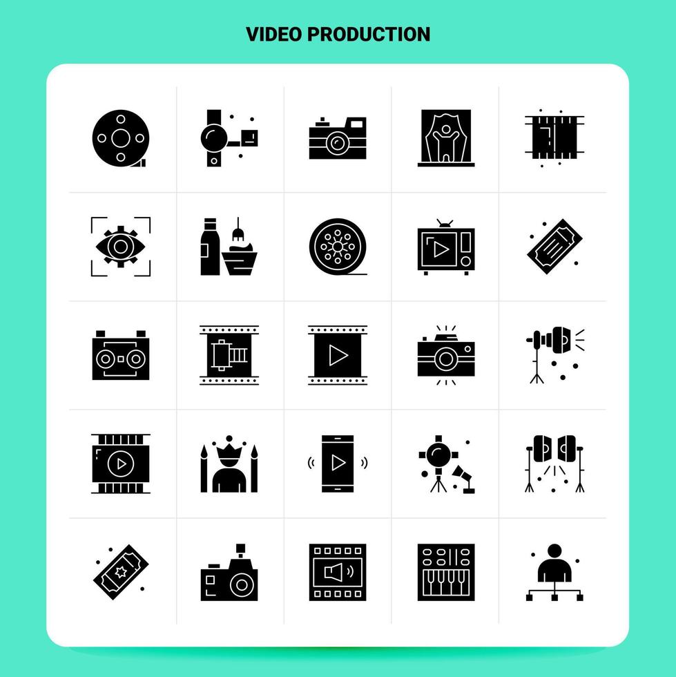 solide 25 Videoproduktion Icon Set Vektor Glyphe Stil Design schwarze Icons Set Web und mobile Geschäftsideen Design Vektor Illustration