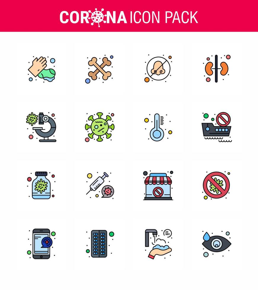 16 flache, farbig gefüllte Linien Virusvirus Corona Icon Pack wie Virus Labor Nase Bakterien Niere Virus Coronavirus 2019nov Krankheitsvektor Designelemente vektor