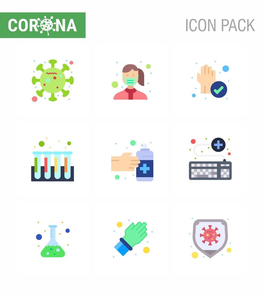 Coronavirus-Bewusstseinssymbol 9 flache Farbsymbole Symbol enthalten Gesten Test tragen Experiment gereinigte virale Coronavirus 2019nov-Krankheitsvektor-Designelemente vektor