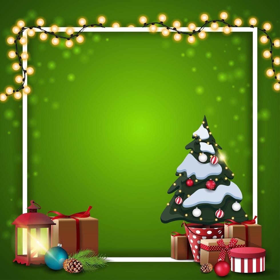 grön jul fyrkantig tom mall med vit ram insvept krans, julgran i en kruka med gåvor och vintage lampa vektor