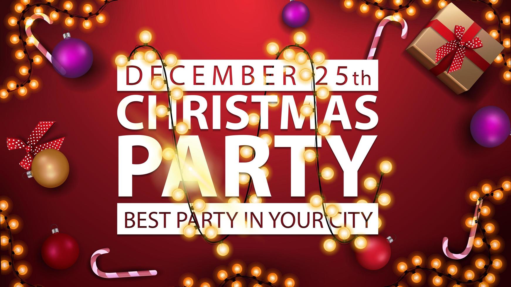 Weihnachtsfeier, beste Party in Ihrer Stadt, horizontales Plakat mit rotem Hintergrund, weiße Titelschild umwickelte Girlande und Geschenke, Draufsicht vektor