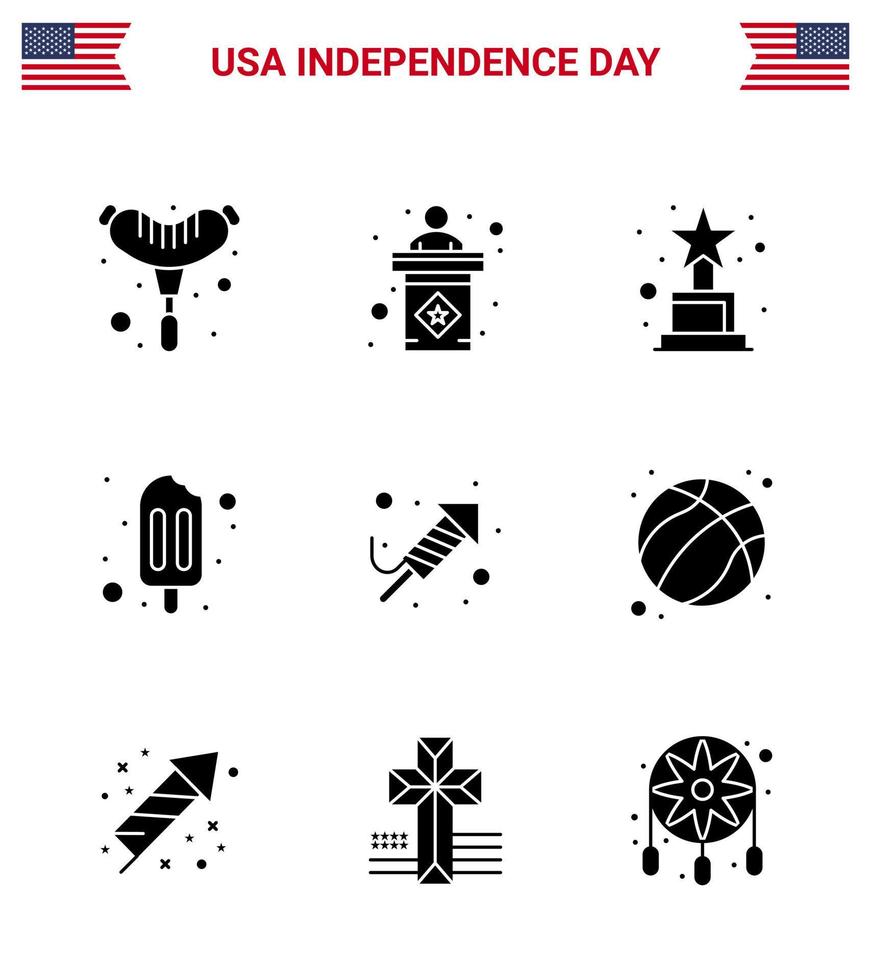 Lycklig oberoende dag USA packa av 9 kreativ fast glyfer av amerikan festival tilldela religion grädde redigerbar USA dag vektor design element