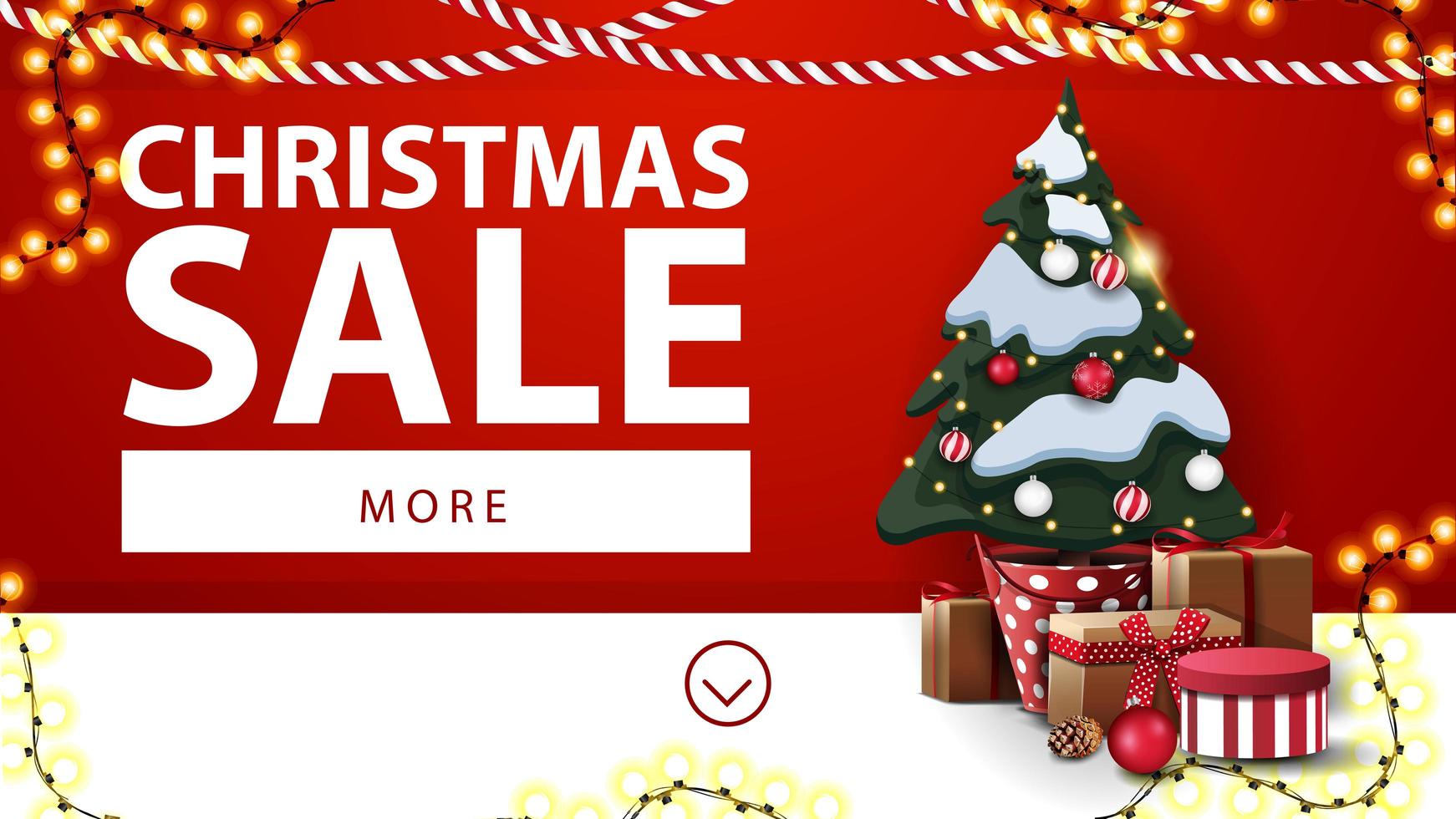 Weihnachtsverkauf, rotes und weißes Rabattbanner mit Girlanden und Weihnachtsbaum in einem Topf mit Geschenken nahe der Wand vektor