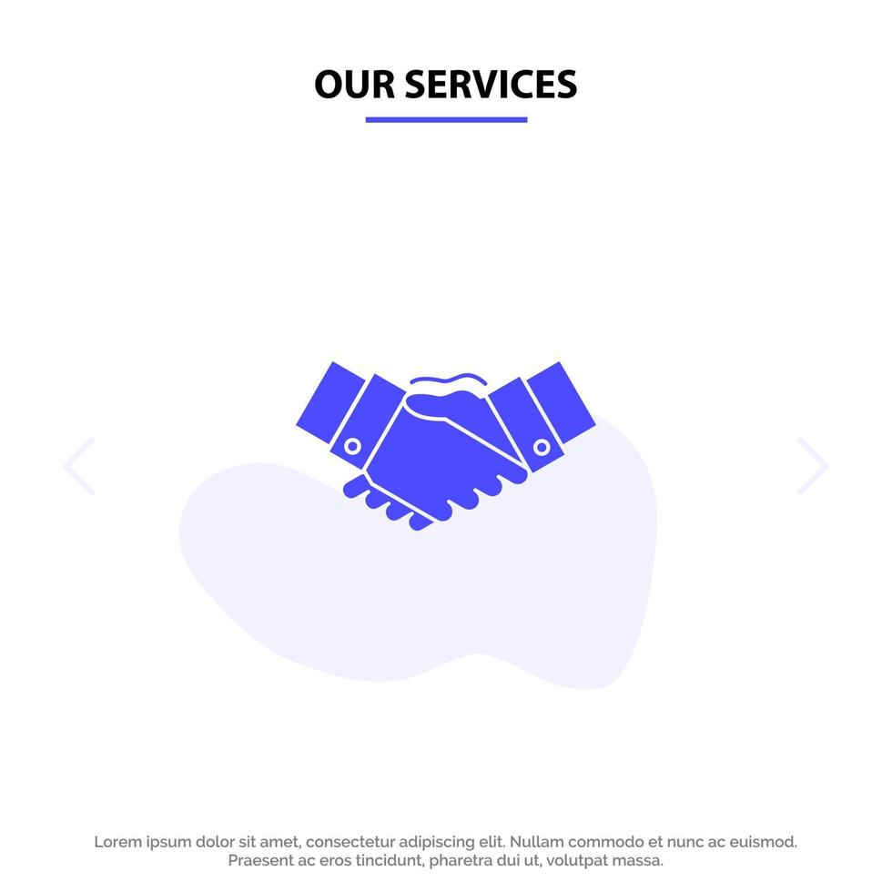 vår tjänster handslag avtal företag händer partners partnerskap fast glyf ikon webb kort mall vektor