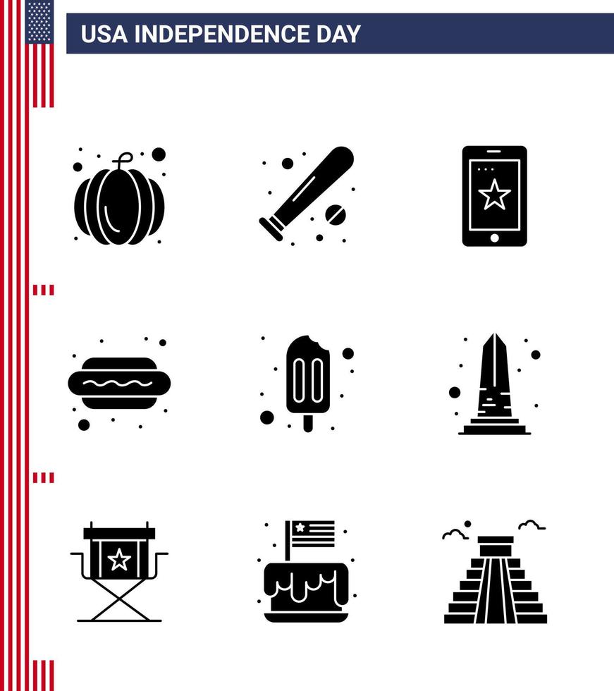 Packung mit 9 kreativen USA-Unabhängigkeitstag-bezogenen soliden Glyphen von Popsicle Hot i Mobile Food Hot Dog editierbare USA-Tag-Vektordesign-Elemente vektor