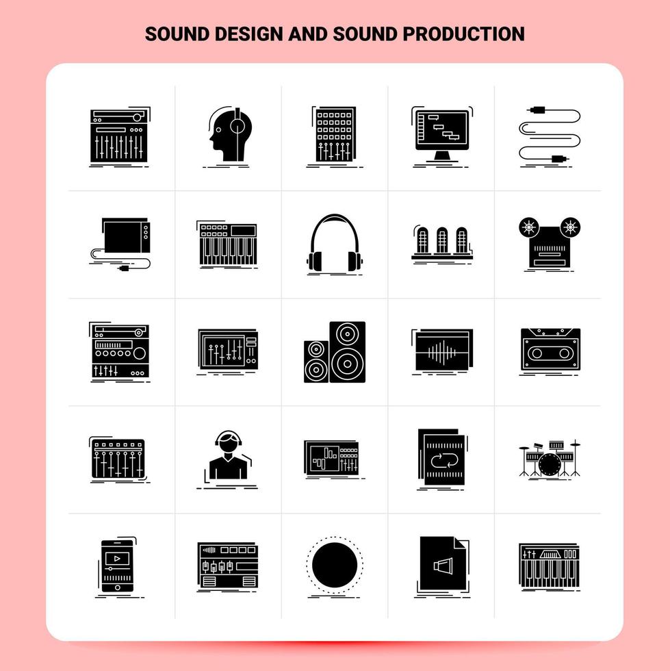 fast 25 ljud design och ljud produktion ikon uppsättning vektor glyf stil design svart ikoner uppsättning webb och mobil företag idéer design vektor illustration
