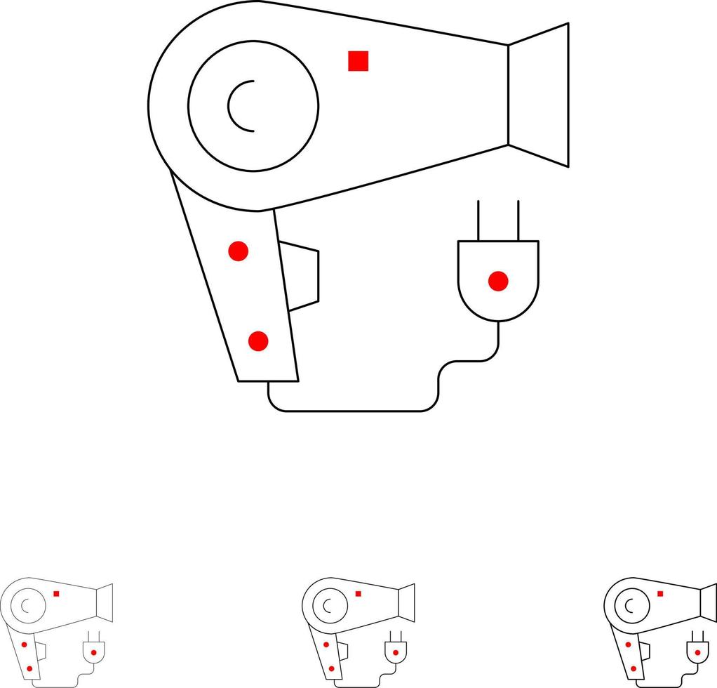 trockner, haartrockner, stecker, fett und dünn, schwarze linie, symbolsatz vektor