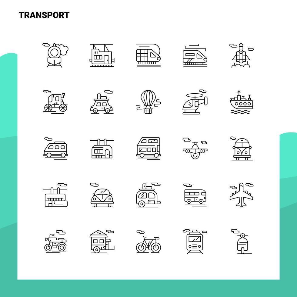 Set von Symbolen für die Transportlinie 25 Symbole Vektor Minimalismus Stil Design schwarze Symbole Set lineares Piktogrammpaket