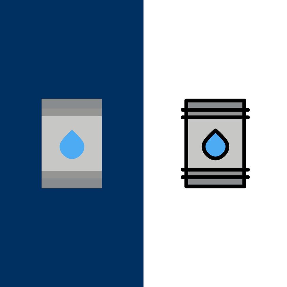 tunna olja bränsle lättantändlig eco ikoner platt och linje fylld ikon uppsättning vektor blå bakgrund