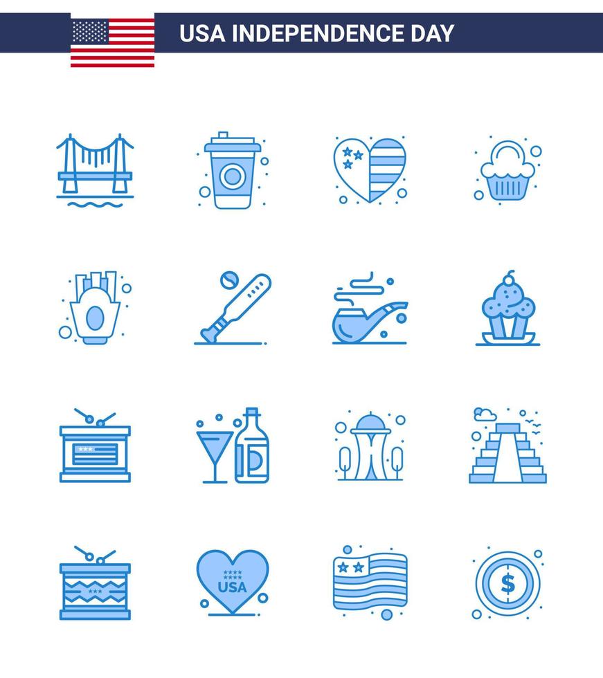 16 blaue Schilder für Usa-Unabhängigkeitstag-Pommes-Chips-Landfeier-Party editierbare Usa-Tag-Vektordesign-Elemente vektor