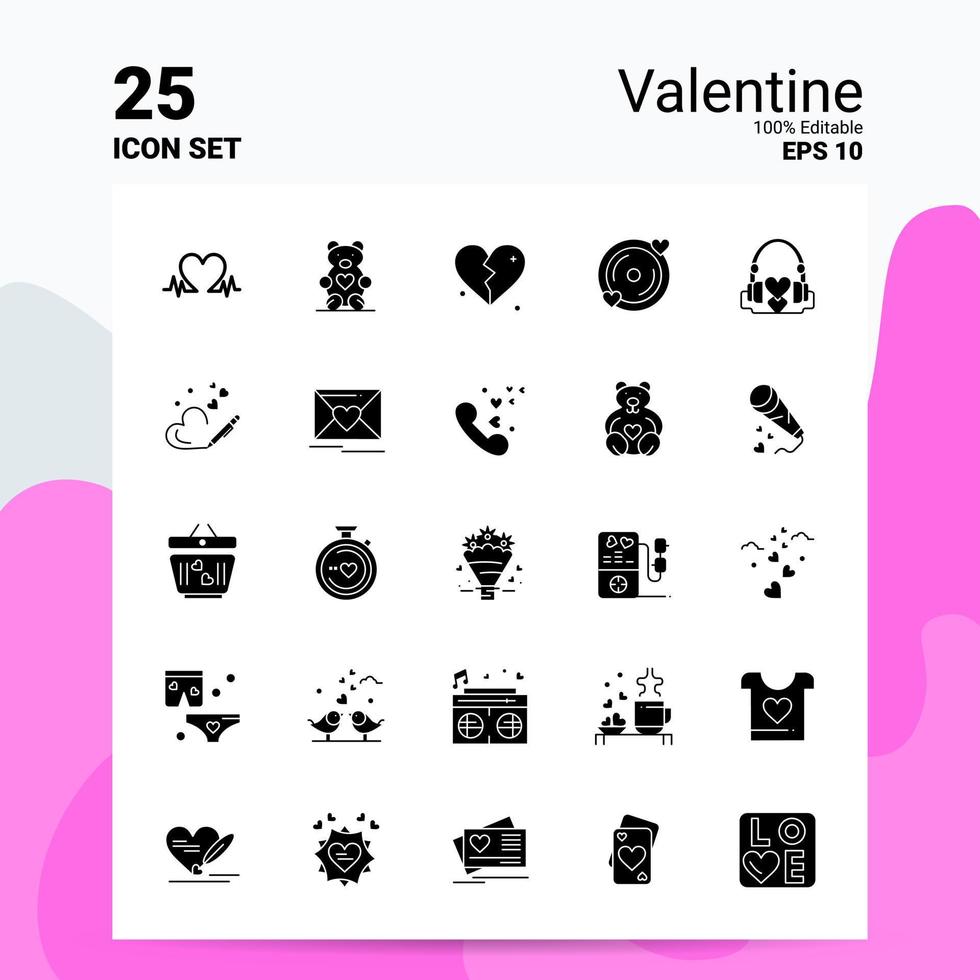 25 Valentinstag-Icon-Set 100 bearbeitbare Eps 10 Dateien Business-Logo-Konzept-Ideen solides Glyphen-Icon-Design vektor