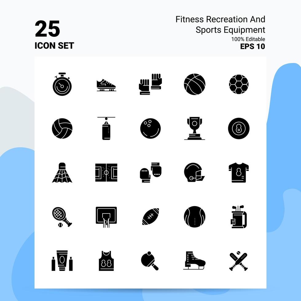 25 Symbole für Fitness-, Erholungs- und Sportgeräte 100 bearbeitbare eps 10-Dateien Business-Logo-Konzeptideen solides Glyphen-Icon-Design vektor