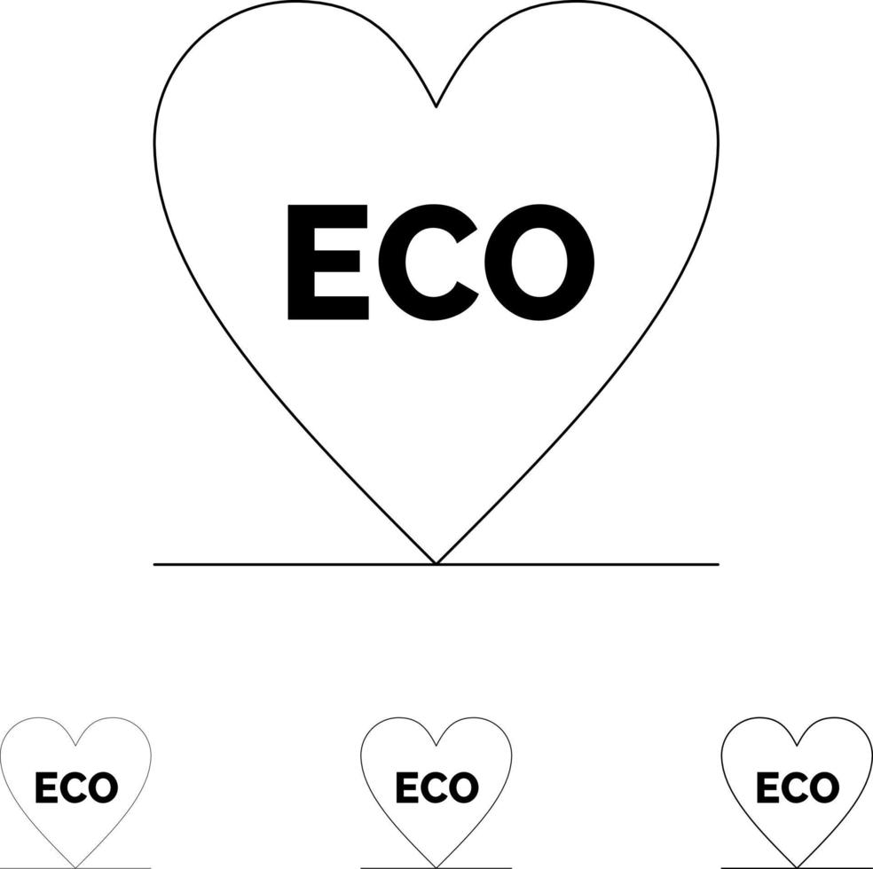 Öko-Herz-Liebe-Umwelt Fett und dünne schwarze Linie Icon-Set vektor