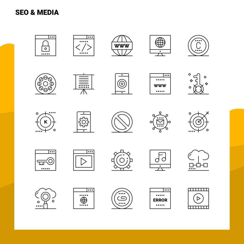 Set von SEO-Medien-Liniensymbolen Set 25 Symbole Vektor-Minimalismus-Stildesign Schwarze Symbole setzen lineares Piktogrammpaket vektor