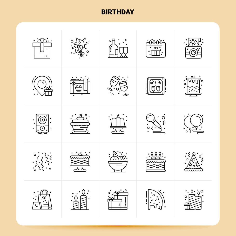 Umriss 25 Geburtstag Symbolsatz Vektor Linienstil Design schwarze Symbole Set lineare Piktogrammpaket Web und mobile Geschäftsideen Design Vektorillustration