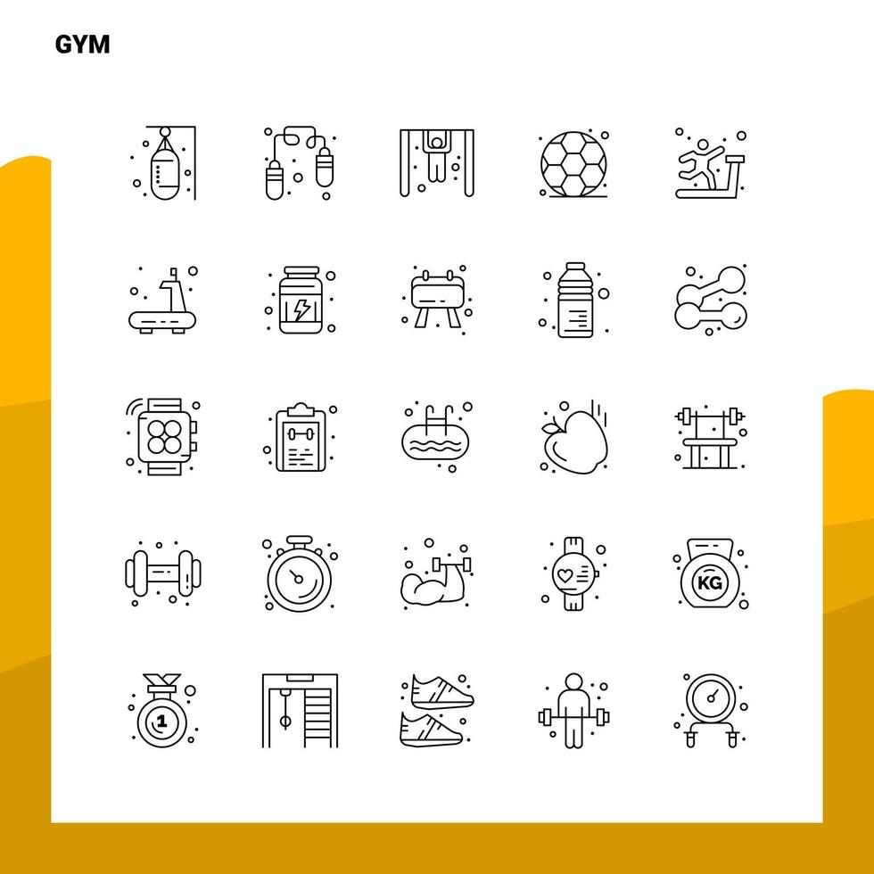 Satz von Fitnessstudio-Liniensymbolen Set 25 Symbole Vektor-Minimalismus-Stildesign Schwarze Symbole setzen lineares Piktogrammpaket vektor