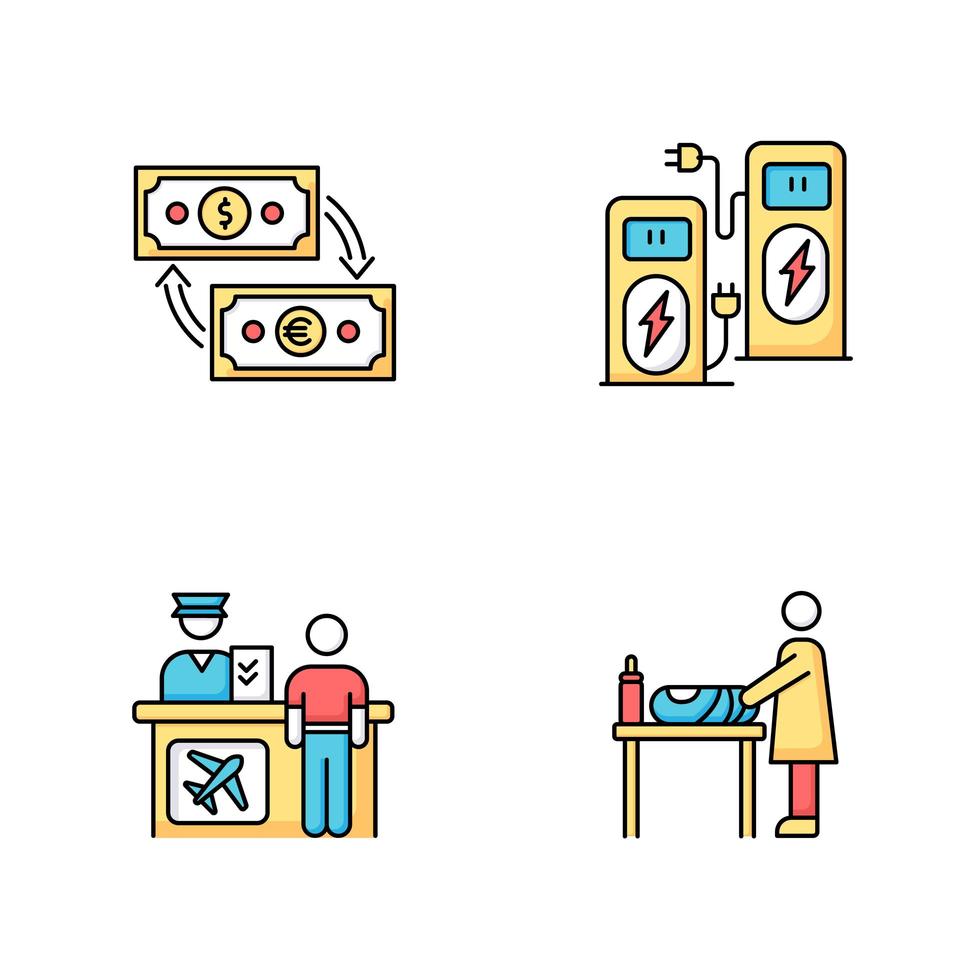 Flughafen Terminal RGB Farbikonen eingestellt. Geldwechsel. Strom aufladen. Selbstbedienungskiosk. Check-in-Schalter für den Flug. Wickeltisch für Mutter und Kind. isolierte Vektorillustrationen vektor