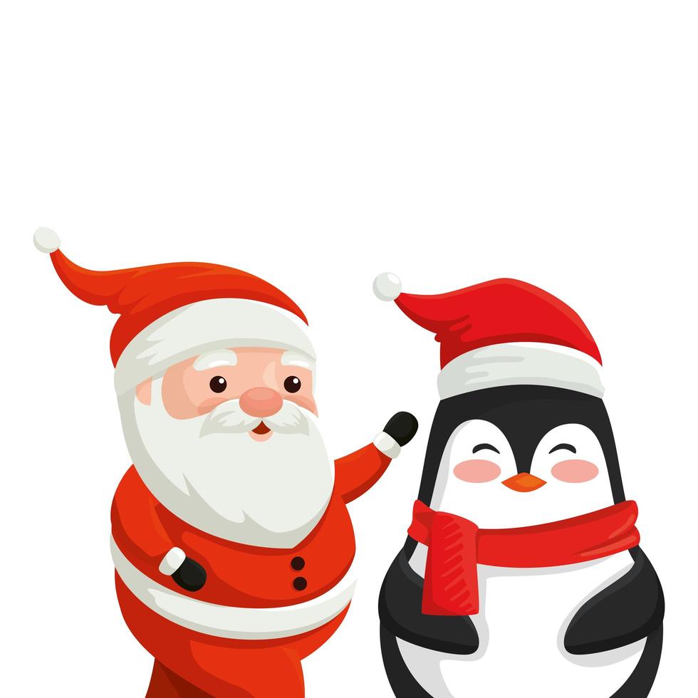 jultomten med pingvinkaraktärer god jul vektor