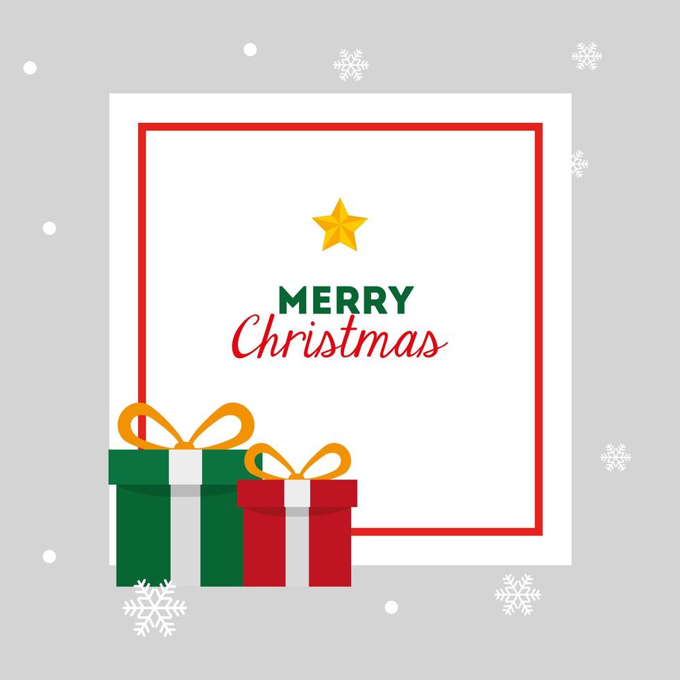 Frohe Weihnachtskarte mit Geschenkboxen und quadratischem Rahmen vektor