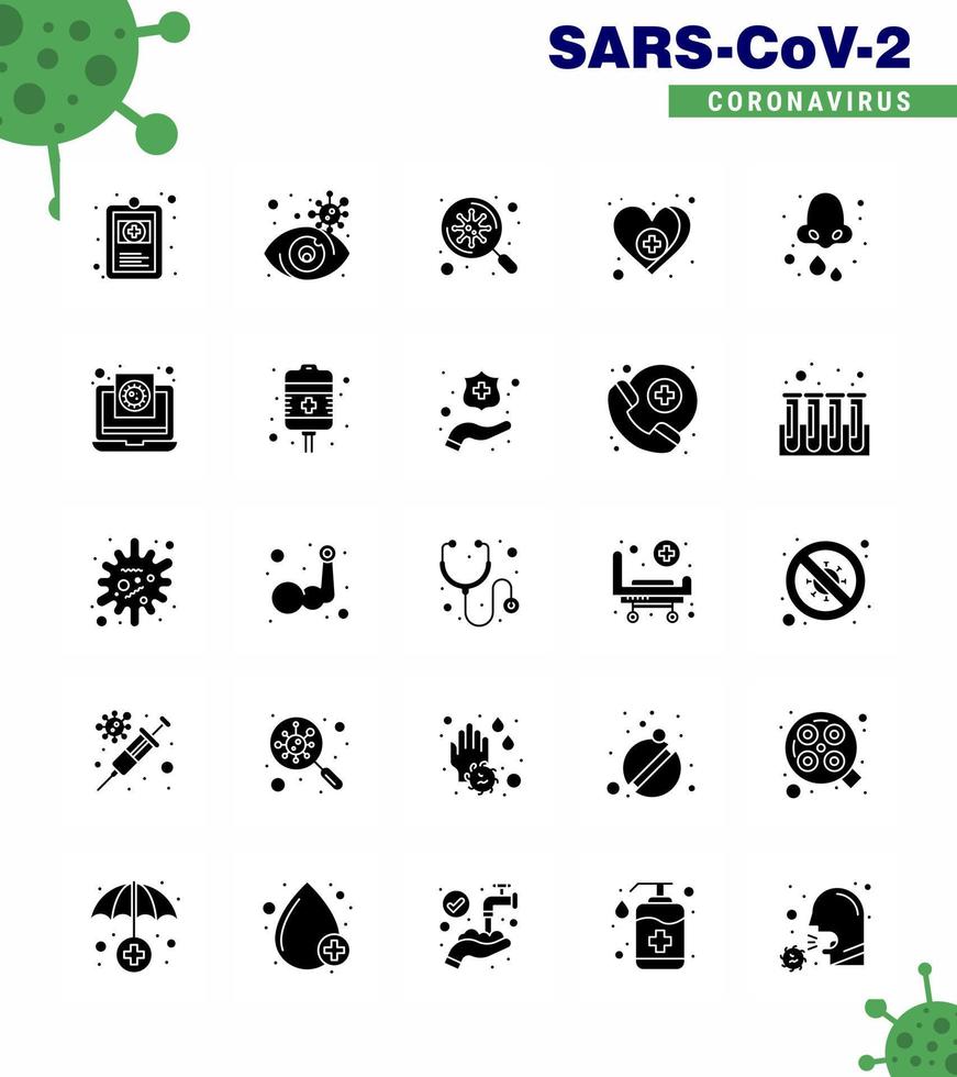 covid19 Schutz Coronavirus pendamic 25 festes Glyphen-Icon-Set wie Kältebakterien medizinisches Herz virales Coronavirus 2019nov Krankheitsvektor-Designelemente vektor