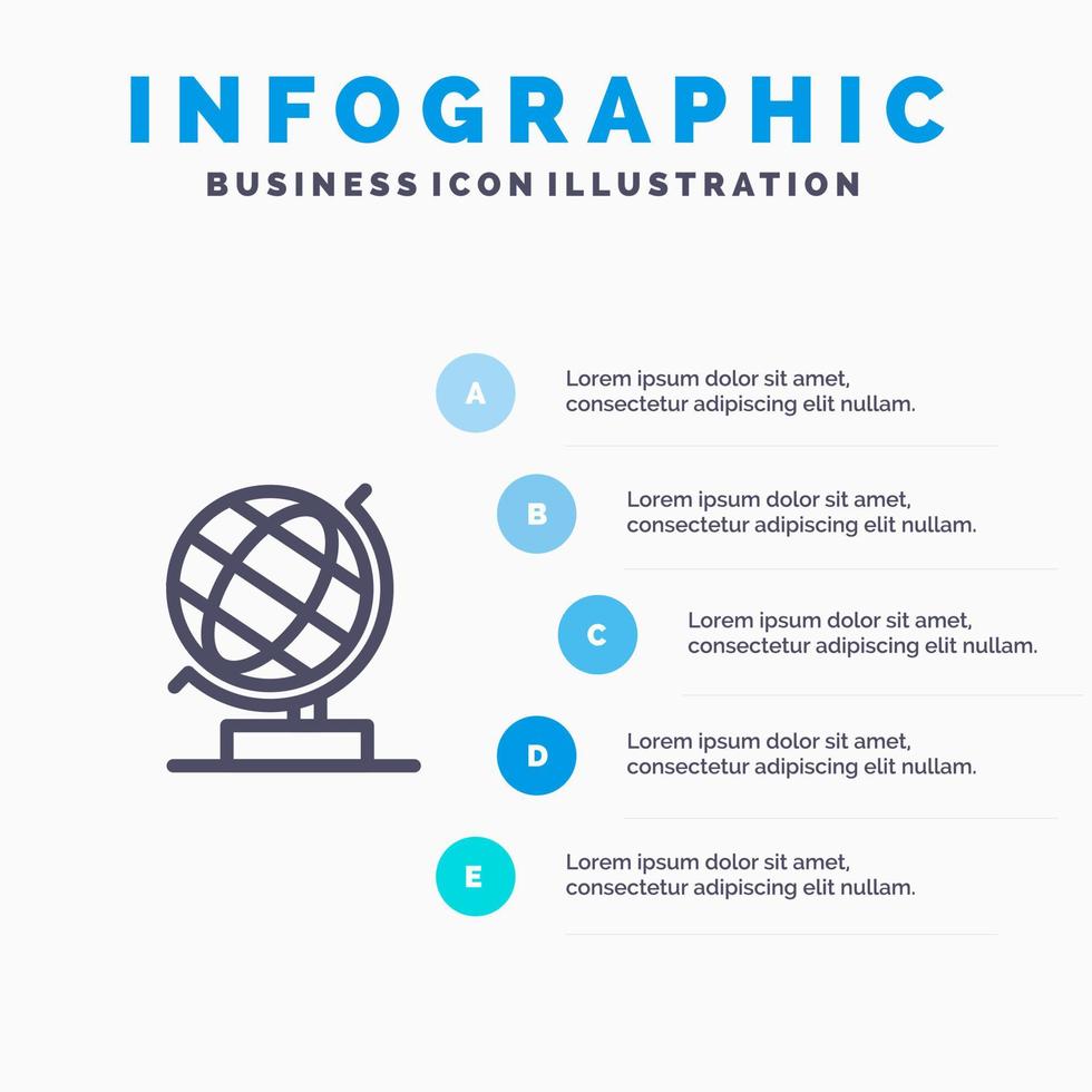 värld kontor klot webb blå infographics mall 5 steg vektor linje ikon mall