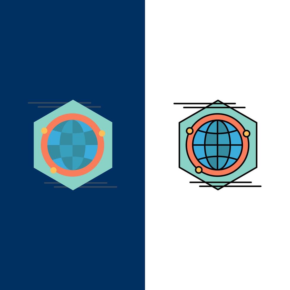 Globus Polygon Raum Idee Symbole flach und Linie gefüllt Symbolsatz Vektor blauen Hintergrund