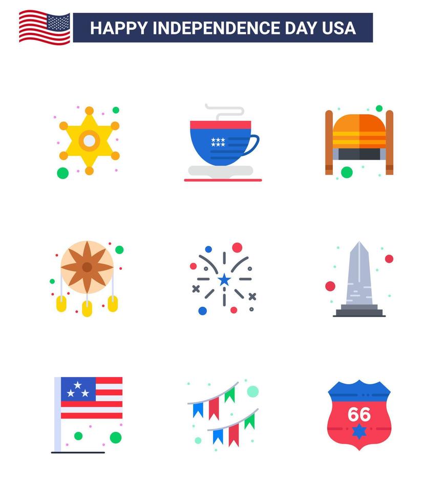 Happy Independence Day 9 Flats Icon Pack für Web und Print Feuer Westtüren Traumfänger Schmuck editierbare Usa Day Vektor Design Elemente