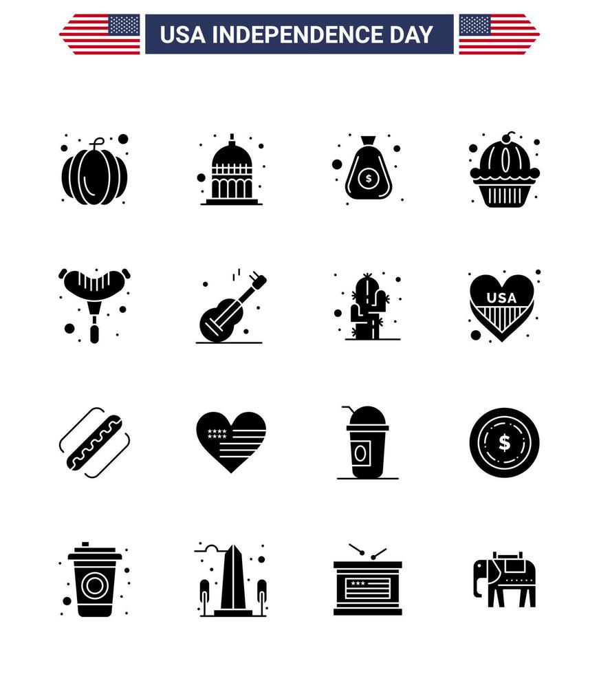 Happy Independence Day Pack mit 16 soliden Glyphenzeichen und Symbolen für Wurst, Essen, Geld, Kuchen, Muffin, editierbare Usa-Tag-Vektordesign-Elemente vektor