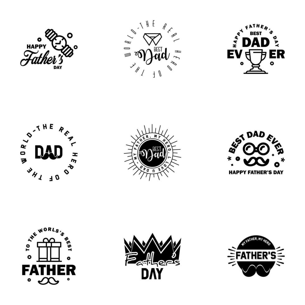 Lycklig fäder dag uppsättning 9 svart vektor typografi årgång text för fäder dag hälsning kort banderoller tshirt design du är de bäst pappa redigerbar vektor design element