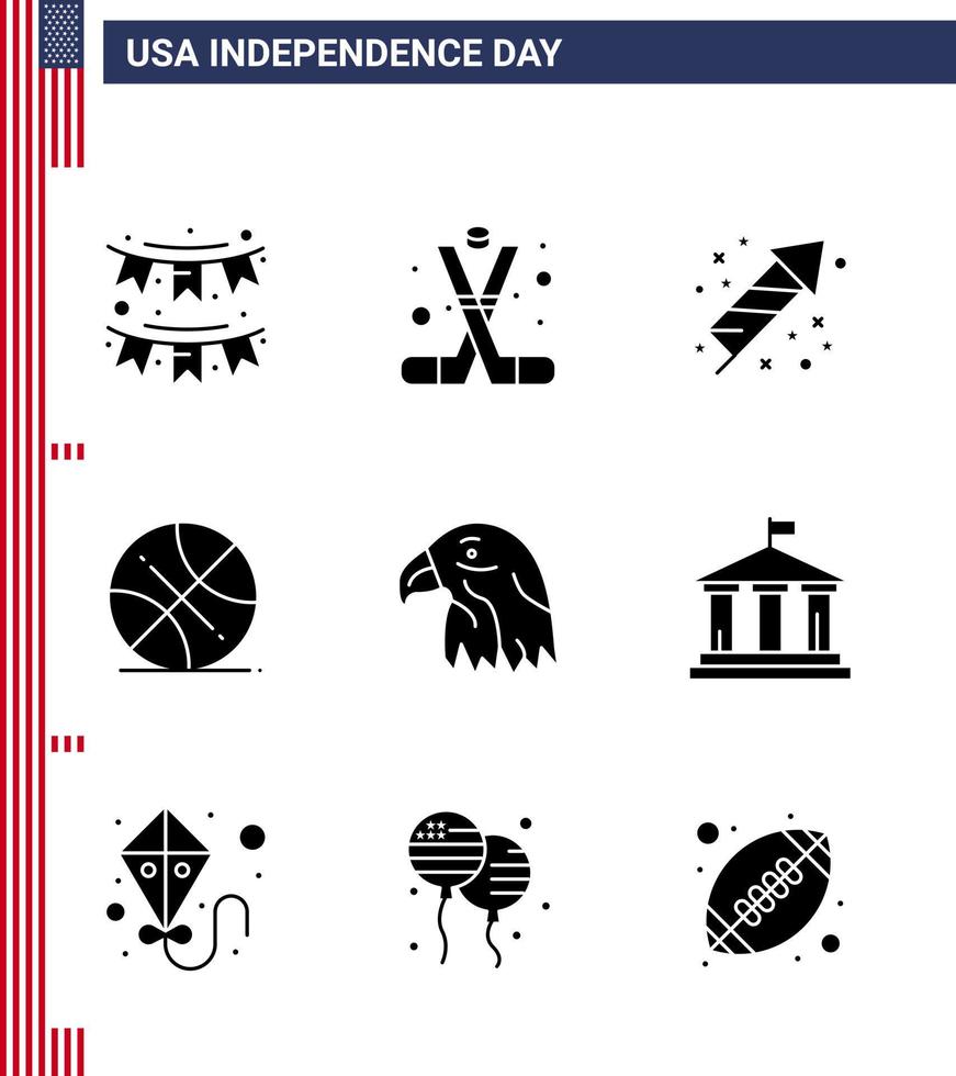 9 USA fast glyf packa av oberoende dag tecken och symboler av USA boll amerikan backetball fyrverkeri redigerbar USA dag vektor design element