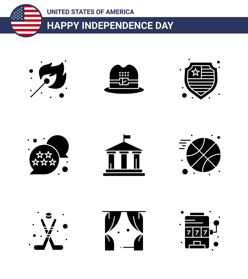 Packung mit 9 kreativen USA-Unabhängigkeitstag-bezogenen soliden Glyphen von USA-Flaggenschutz-Bankstern editierbaren USA-Tag-Vektordesign-Elementen vektor