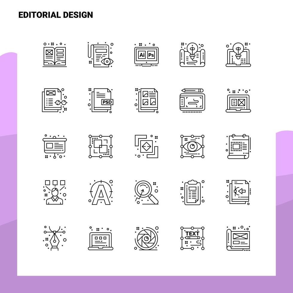 Satz von Editorial Design Line Icon Set 25 Icons Vektor Minimalismus Stil Design schwarze Icons Set lineares Piktogrammpaket