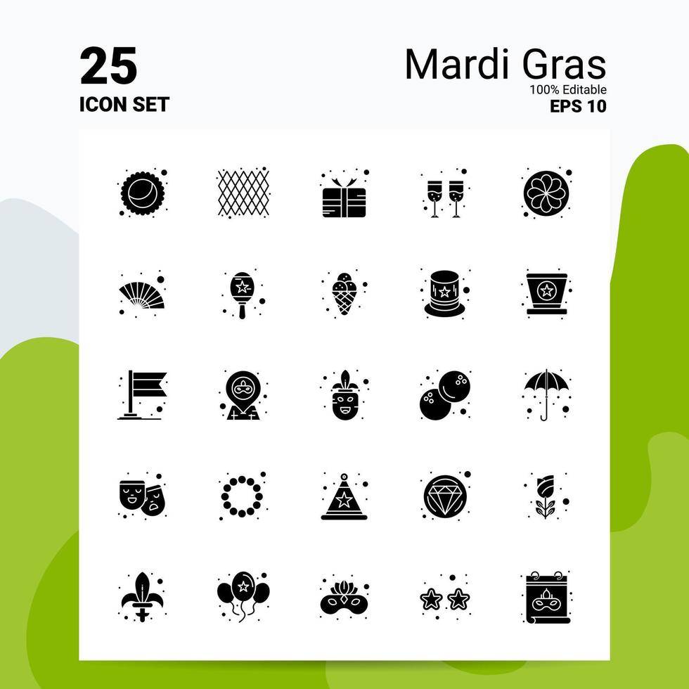 25 mardi gras ikon uppsättning 100 redigerbar eps 10 filer företag logotyp begrepp idéer fast glyf ikon design vektor