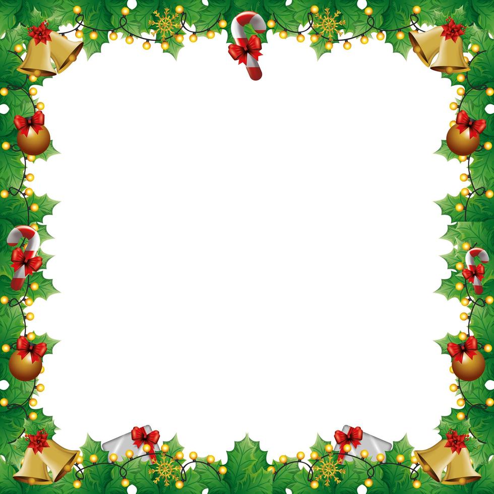 ram av blad dekorativ med ljus jul och dekorationer vektor