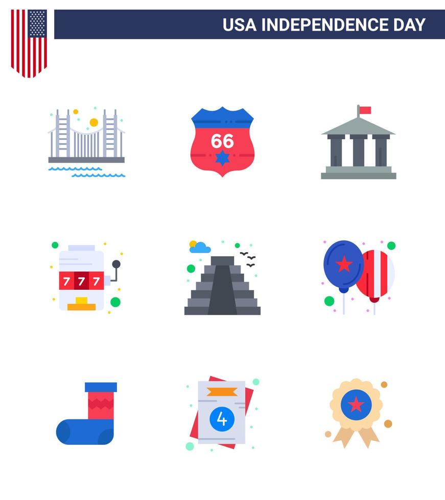 USA oberoende dag platt uppsättning av 9 USA piktogram av spel maskin USA kasino amerikan redigerbar USA dag vektor design element