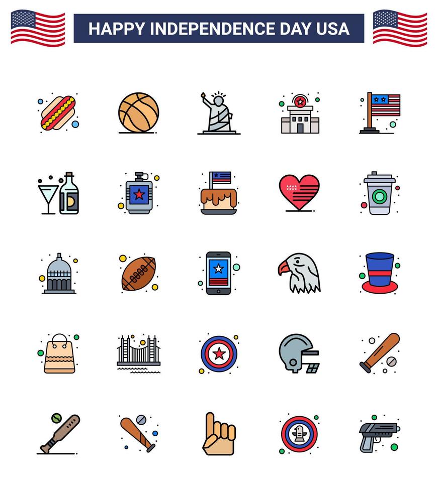 USA Lycklig oberoende dag piktogram uppsättning av 25 enkel platt fylld rader av flagga polis tecken frihet station byggnad redigerbar USA dag vektor design element